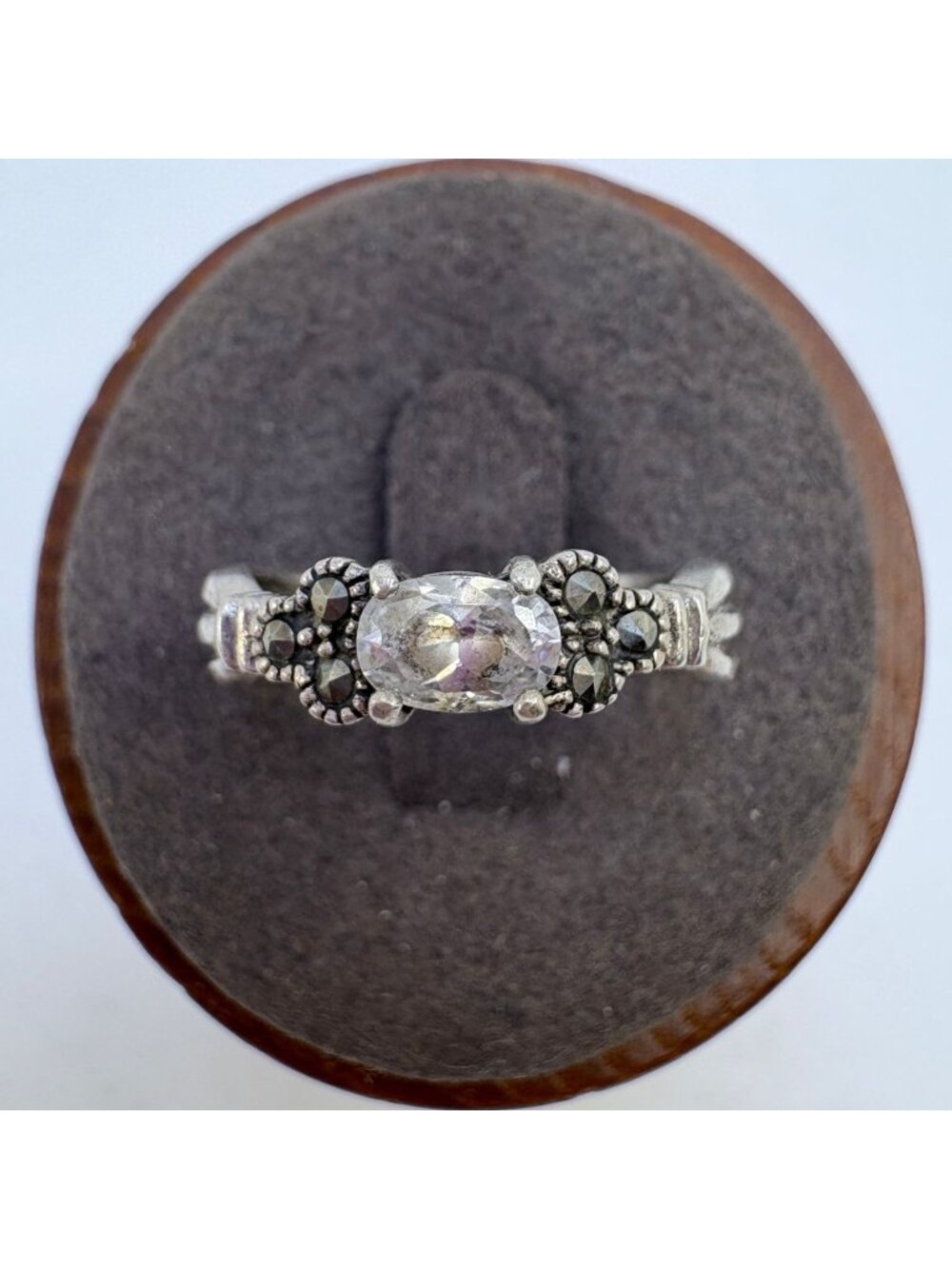 Cubic Zirconia & Marcasite Statement Ring Sterling Silver 925 Size 6.75